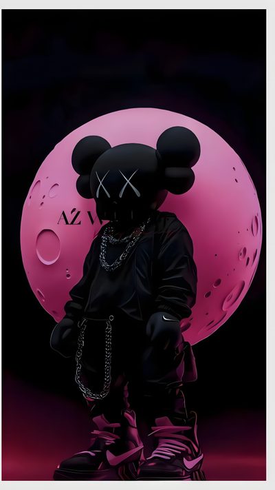 a person wearing a black hoodie standing in front of a pink ball with chains on it Halloween Kaws Kaws Pictures, Kaws Bear, Kaws 4k Black, Purple Kaws 4k, Dark Kaws 4k, Kaws Images,