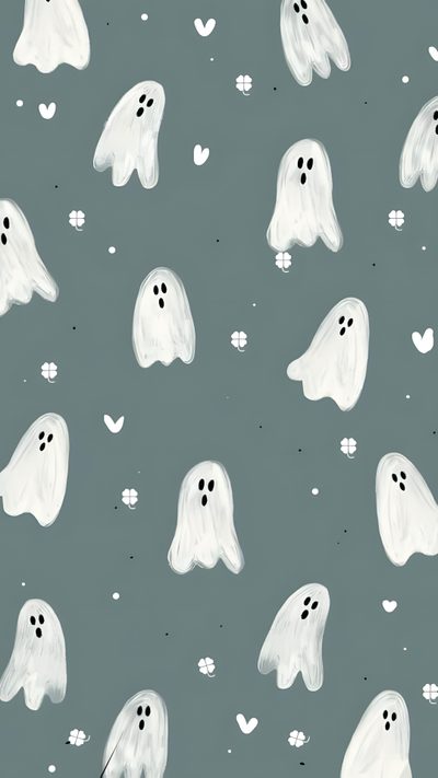 a pattern with white ghost faces and hearts on a gray background for fabric or wallpaper Halloween Ghost For Nursery Cute Ghost Illustration, Diy Halloween Decor Ideas, Ghost Pattern On Green Background, slate gray