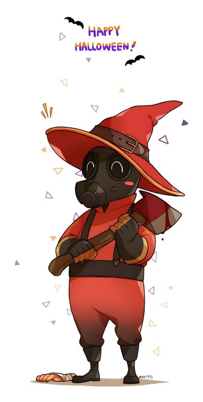 a cartoon character wearing a witches hat and holding a bat with the words happy halloween on it Tf2 Halloween Pyro Tf2 Fanart Cute, Tf2 Halloween, Tf2 As Animals, Tf2 Scout Bat, white