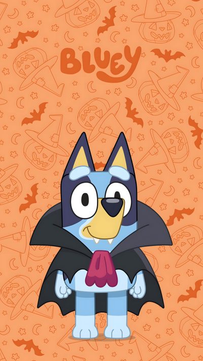 an image of a cartoon cat with bats on it Bluey Halloween Halloween Iphone Backgrounds, Bluey Halloween, Halloween Backgrounds, sandy brown
