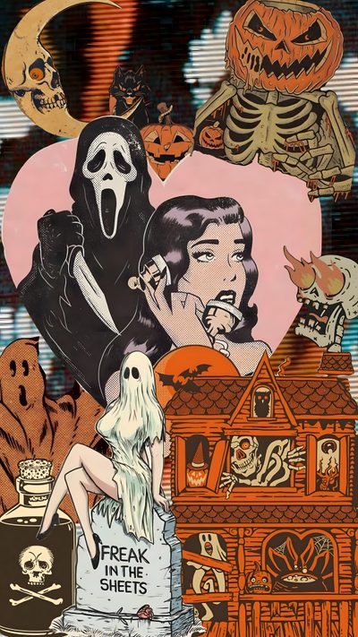 a collage of halloween images with ghost, pumpkins, and skeletons in the background Vintage 90s Halloween Halloween Iphone, Edgy, Halloween, Decor Shabby Chic, Vintage Halloween Art, sienna