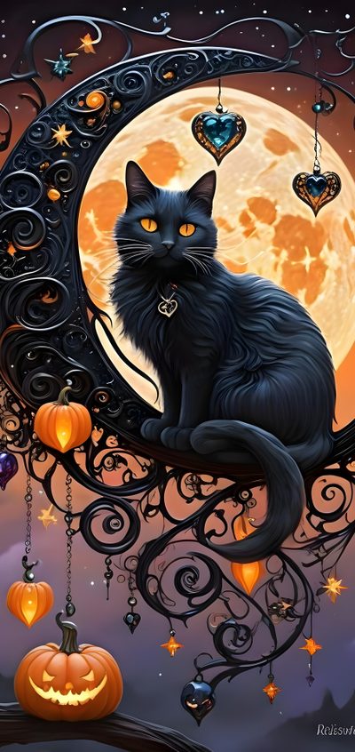 a black cat sitting on top of a moon with pumpkins hanging from it's sides Black Cat Diamonds For Halloween In Halloween Cat Ideas, Black Cat Diamonds For Halloween In, Halloween Black Cat, dark slate gray