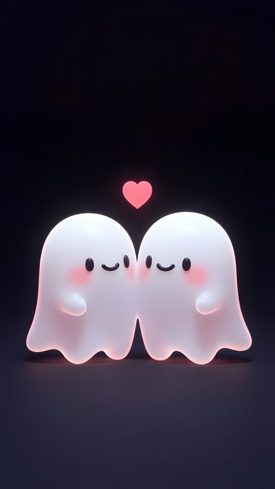two white ghost statues facing each other in front of a heart shaped light on a black background Halloween Couple Iphone Ghost Cute, Bible Verse, Iphone Cute Hd Love, Romantic, Church Graphic Design, black
