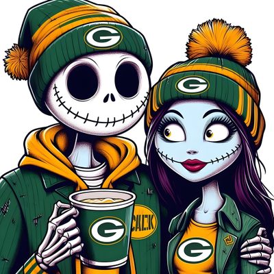 a couple dressed up in green bay packers outfits and matching beanies, holding coffee cups Packers Halloween Betty Boop Green Bay Packers, Green Bay Packers Skull Graphic, Packers Sugar Skull, sienna