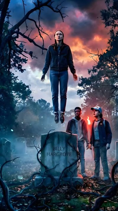 a movie poster for the horror film's halloween tale, which features two men standing on Max And Tommy Halloween Stranger Things 2017, Stranger Things Tattoo, Rainbow Iphone, dark slate gray