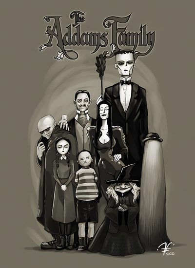 the addams family poster with an adult and two children standing next to each other Halloween Addams Family The Adams Family Drawing, Adams Family Cartoon, Addams Family Art, dim gray