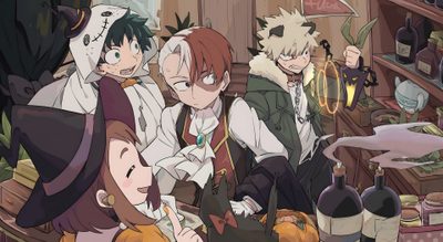 an anime scene with people dressed up in costumes and holding wine bottles, looking at the camera Cute Mha Halloween Halloween, Bakusquad Halloween, Boku No Hero Academia, My Hero Academia, dim gray