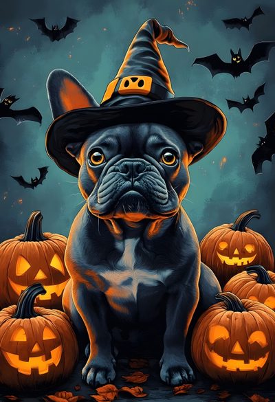 a dog wearing a witches hat sitting in front of pumpkins Halloween French Bulldog Halloween French Bulldog, Frenchie Halloween, French Bulldog Autumn Pumpkin Art, dark slate gray