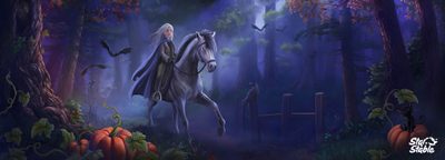 a painting of a woman riding on the back of a white horse through a forest Star Stable Halloween 1920x1080 Harry Potter Horse Patronus, Wizard School Background Hd, Thestral Carriage, dark slate gray
