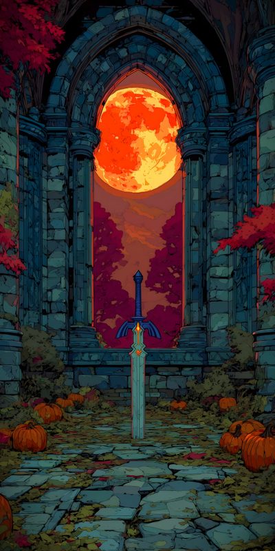 an image of a castle entrance with pumpkins on the ground and a full moon in the background Halloween Zelda Jrpg, The Legend Of Zelda Phone, Legend Of Zelda Background, Zelda Phone, dark slate gray
