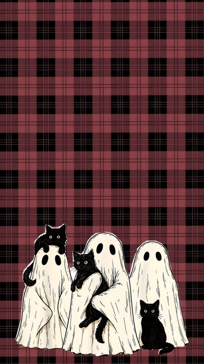 three black cats are sitting in front of ghost costumes on a red and black checkered background Cute Retro Style Halloween Black Cats Spooky Fall Phone, Halloween Lock Screen, Halloween Ipad Backgrounds, saddle brown