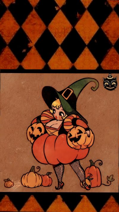 an image of a child dressed as a witch with pumpkins 70s Halloween Iphone Halloween Vintage, Vintage Halloween Backgrounds Iphone, Cute Retro Halloween, saddle brown