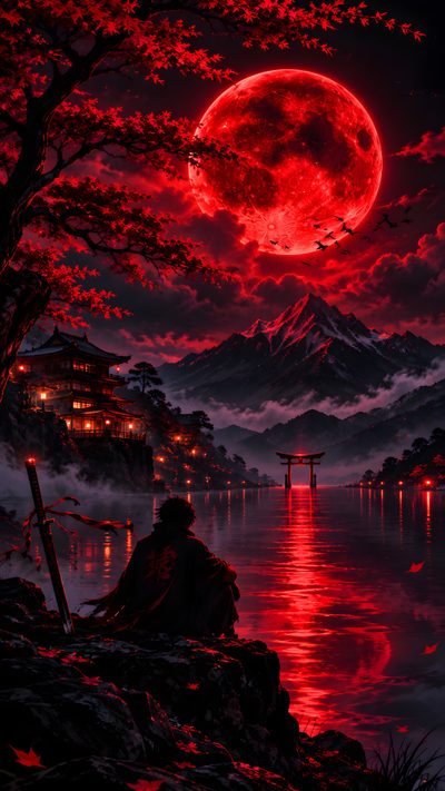 a red full moon over a lake with mountains in the background Red Moon Halloween Red 4k, Dark Red Theme Aesthetic, 4k 8k, Red Moon, Blood Moon, Moon Glow, black