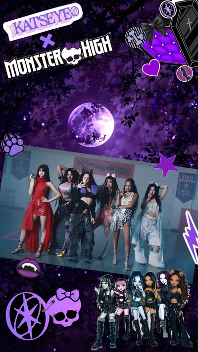 the poster for monster high shows girls in costumes with purple and black hair, standing next to each other Katseye Halloween Collage Poster, Halloween, Dark, Cute Poster, Celebrity, Relatable Quotes, midnight blue