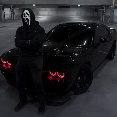 a man in a black hoodie standing next to a black sports car with red eyes Halloween Hellcat Demon Killer Car, Black Demon Hellcat, Black Ghost Hellcat, Hellcat Guy, Goth Hellcat,