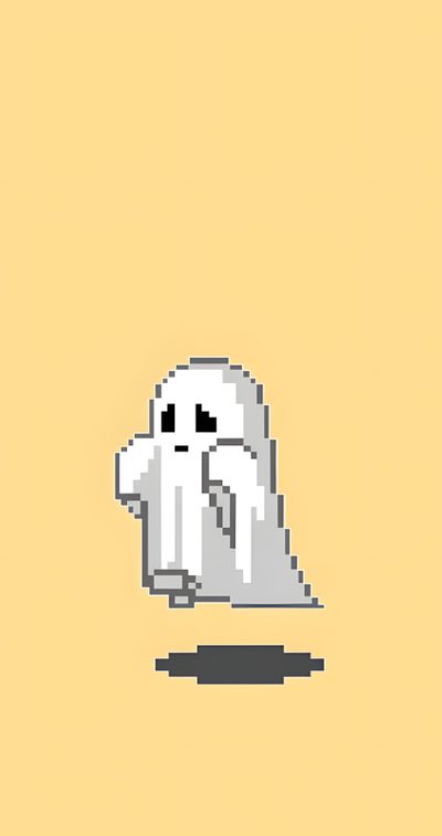 an image of a ghost on a yellow background Cute Yellow Halloween Hayalet Pixel Art, Gost Pixel Art, Orange Pixel Art Ghost, Yellow Pixelated Ghost, khaki