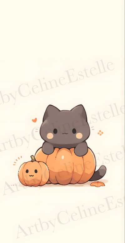 a black cat sitting on top of a pumpkin with a small pumpkin in front of it Kawaii Cute Halloween Cat Cute Cat Fall Background, Kawaii Fall Cat, Black Cat And Pumpkin, seashell