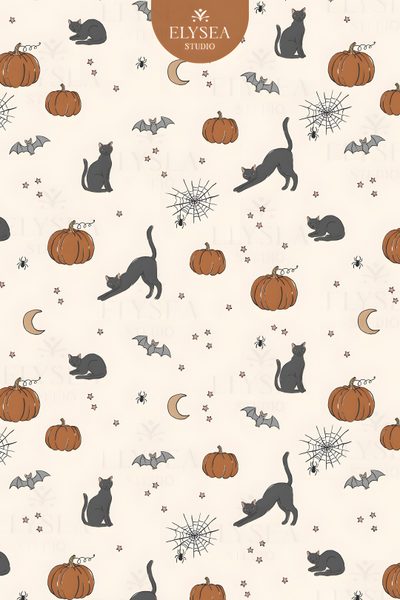 cats and pumpkins on a white background with the name elysa written in orange Halloween - Bats And Cats - Cream Pumpkin Moon, Digital Decorations, Repeat Prints, Halloween Charms, linen