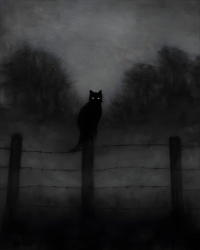 a black cat sitting on top of a fence next to a forest in the fog Creepy Black Cat Halloween Nyctophobia Art, Gothic Cat, Scary Black Cat Art, Haunted Cat,
