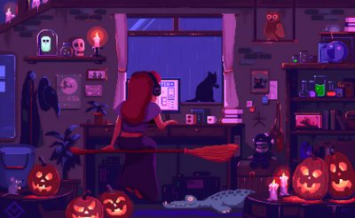 a woman in a room decorated for halloween 8 Bit Halloween Halloween-themed Pixel Art Room, Halloween Laptop Gif, Halloween Live Pc, dark slate gray