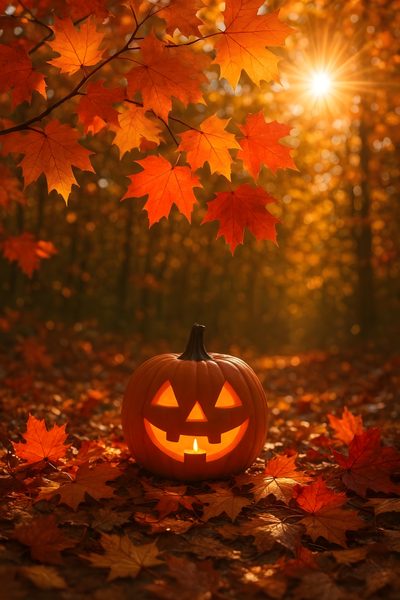 a jack - o'- lantern pumpkin in the middle of leaves with sun shining through Halloween Orange Pumpkin Fall And Halloween, Autumn Halloween Background, Jack O Lantern Background, saddle brown