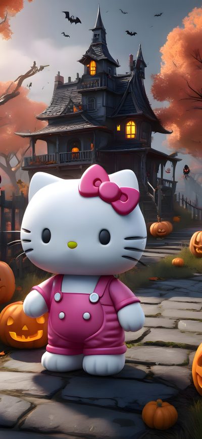 the hello kitty is standing in front of pumpkins Halloween Hello Kitty 3d Halloween Iphone Hello Kitty, Hello Kitty Pumpkin, Purple Hello Kitty Halloween, dim gray