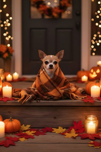 a small dog wrapped in a blanket sitting on the steps with pumpkins and candles Halloween Chihuahua Cute Dog Autumn Setting, Fall Dog Pictures, Dog Fall Pictures, saddle brown