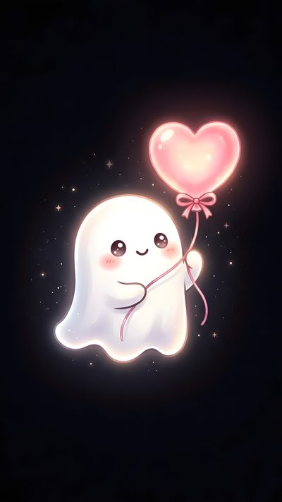 a ghost holding a heart shaped balloon in the air with its eyes closed and tongue out Cute Halloween Heart Cute Little Ghost, Ghost, Minimalist Halloween, Glow Pumpkin, Mickey Mouse, black