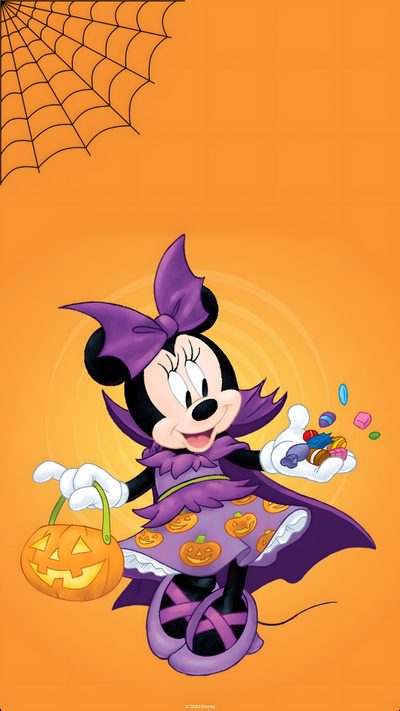 a cartoon mickey mouse dressed as a witch with a pumpkin in her hand and a spider web hanging from the ceiling Minnie Halloween Mickey Mouse Halloween Iphone, Minnie Halloween, Background Mickey Minnie Halloween, goldenrod