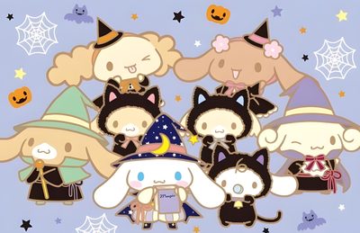an image of halloween cats and witches with the words happy halloween written in it's center Cinnamoroll Halloween Ipad Cinnamon Halloween Costume, Cinnamon Roll Sanrio Halloween, Happy Halloween Cinnamoroll Halloween, light steel blue
