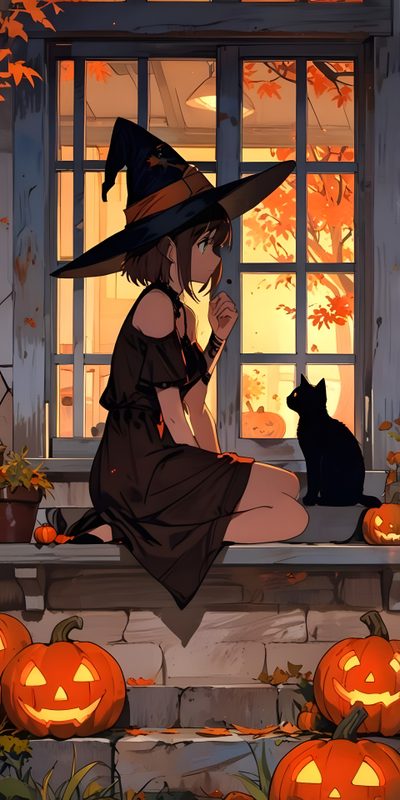 a woman in a witch costume sitting on a porch with her cat and pumpkins Anime Halloween Aesthetic Halloween Witch And Cat, Ghibli Witch, Cute Witch Aesthetic, dark olive green