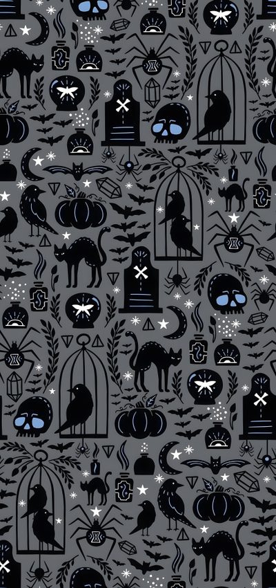 a black and white pattern with cats, birds, and bats Gothic Halloween Pattern In Black And Gothic Christmas Phone, Spooky Winter Phone, Gothmas Phone, dim gray