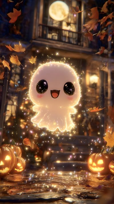 a cute little ghost is standing in front of some pumpkins and lights at night Baby Halloween Cute Halloween, Spooky Kids, Kawaii Ghost, Halloween Popcorn Mix, saddle brown