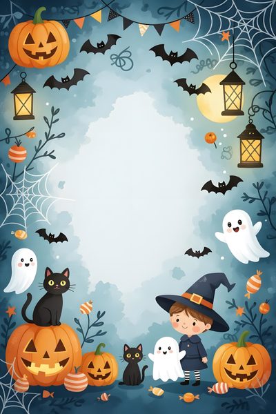 a halloween background with pumpkins, ghost and cats Halloween For Kids Room Rosh Hashanah Cards, Halloween Templates Free Printable, Stationary Paper, dark gray