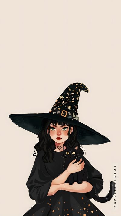 a woman in a witches costume holding a cat and wearing a witch's hat Halloween Girl Aesthetic Cute Witchy, Witchy Phone, Witch Aesthetic Phone, For Witches, antique white
