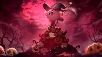 a cartoon character standing on top of a pile of skulls in front of a pink sky Kirby Halloween 4k Kirby Aesthetic Desktop, Kirby Laptop, Kirby Pc, Kirby Halloween Official Art, brown