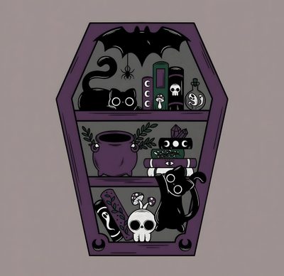 an image of a shelf with halloween items on it's shelves in the shape of a octagon Cute Halloween Coffin Coffin Cartoon Drawing, Cute Coffin, Coffin Drawings Cute, rosy brown