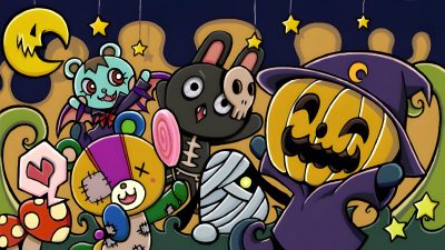 cartoon characters dressed up as witches and pumpkins in front of a full moon background Acnh Halloween Animal Crossing Fall, Goth Animal Crossing, Animal Crossing Halloween, dark slate gray
