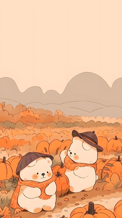 two teddy bears sitting in the middle of a pumpkin patch Cute Bear Halloween Cute Autumn Ipad, Cute Fall Drawing, Cute Autumn Iphone, Fall Themed, light pink