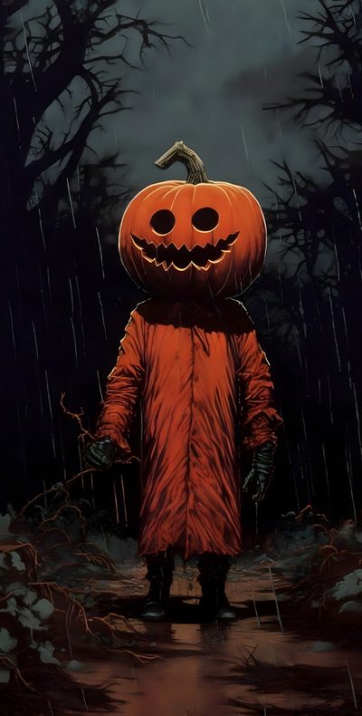a painting of a person dressed as a pumpkin standing in the rain with an umbrella 70s Halloween Scary Fall, Fall Horror, Spooky Vintage Halloween, Creepy Halloween Iphone, black