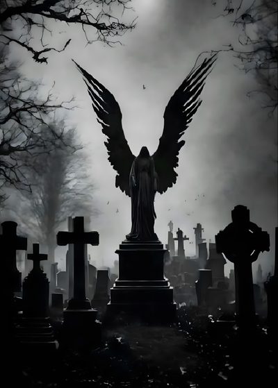 an angel statue surrounded by tombstones and trees Gothic Halloween All Gray Grey By Angel Darkness Angel, Dark Graveyard, Dark Cemetery Aesthetic,