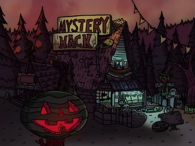 an animated halloween scene with pumpkins in the foreground Gravity Falls Halloween Halloween Decoration Ideas, Halloween Mystery House Illustration, Mystery House With Pumpkins, black