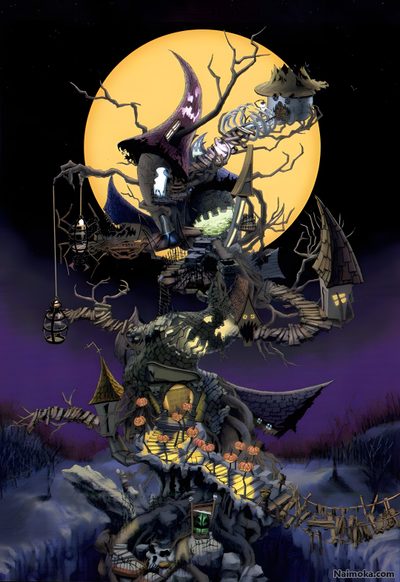 an image of a halloween scene with pumpkins and bats on the tree in front of a full moon Kingdom Hearts Halloween Nightmare Before Christmas Castle, Nightmare Before Christmas Tower, Nightmare Before Christmas Town, dark slate gray