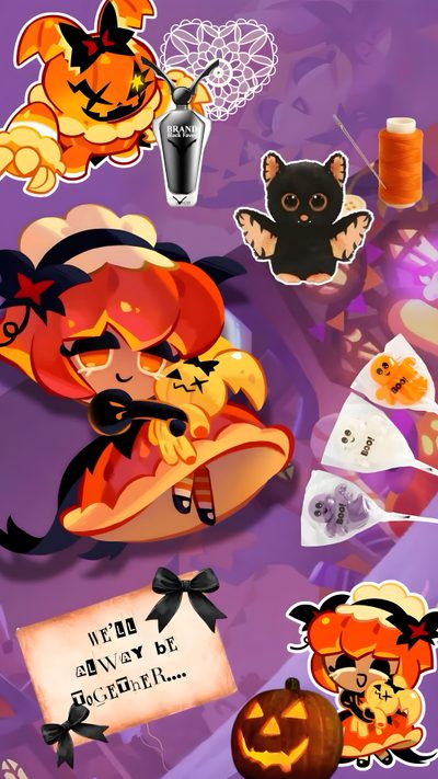 halloween stickers are arranged on a purple background with pumpkins, cats and other decorations Crk Halloween Pumpkin Pie Cookie, Pumpkin Pie Cookies, Cookie Pie, Fun Cookies, Cookie Run, Pie, dim gray