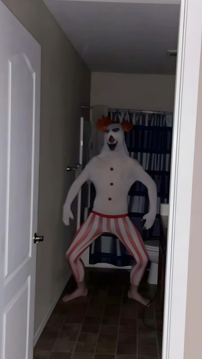 a man dressed as a clown standing in the hallway Goofy Ahh Halloween Weird Images, Crazy Funny Pictures, Goofy Pictures, Funny Profile, dark slate gray