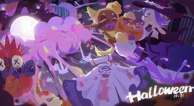 a group of cartoon characters standing next to each other in front of a sign that says halloween Splatoon Halloween Nintendo Art, Splatoon Games, Splatoon 2 Art, Halloween Banner, Splatoon, dim gray