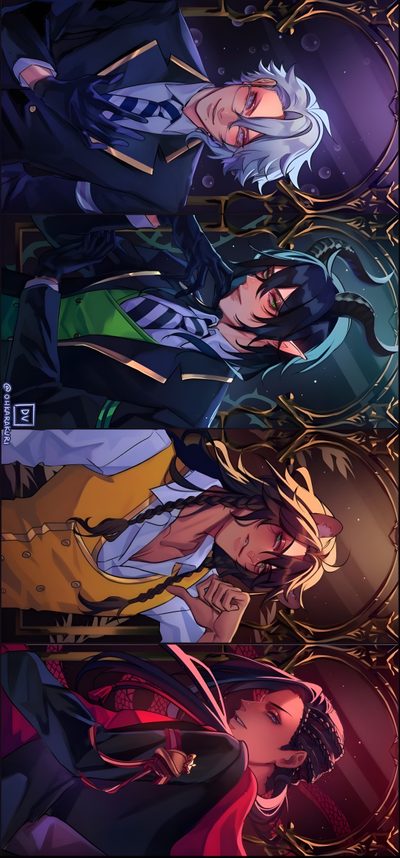 an image of some anime characters in different poses Twisted Wonderland Halloween Diasomnia, Twisted Wonderland Fanart, Twst Fanart, dark slate gray