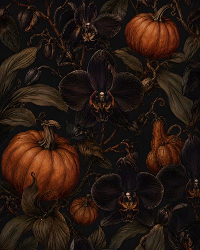 a painting of flowers and pumpkins on a black background Halloween Botanical Pumpkin Walls, Fall Aesthetic Spooky, Gothic Halloween, Mystical Autumn, black