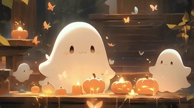 a group of ghost candles sitting on top of a table Cute Ghost Halloween Desktop Halloween Cute, Ghost Pc, Cute Halloween Pc, Cute Desktop, dark olive green