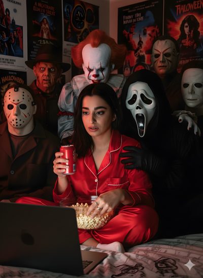 a woman sitting in front of a laptop computer while surrounded by halloween masks and movies Halloween Costumes Ring Horror, Halloween Gif, Halloween Photoshoot, Human Reference, Orange Cats, black